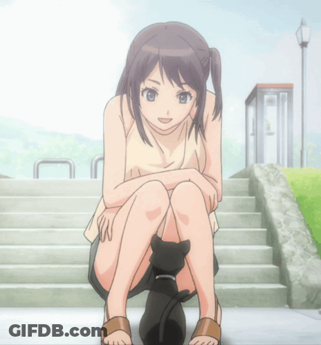 Girl Sitting On Stairs Next To Cat GIF