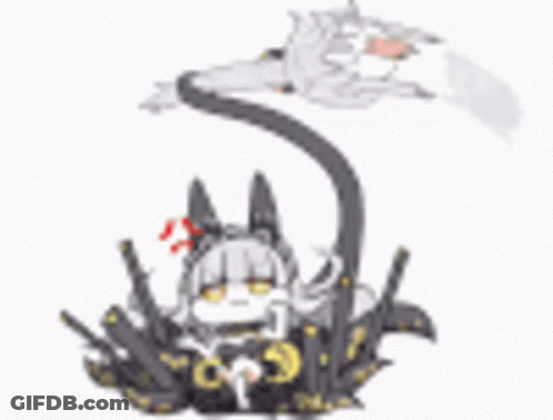 Girl Sitting On Weapons With Flying Cat GIF
