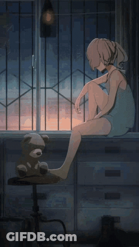 Girl Sitting On Window Sill With Teddy Bear GIF