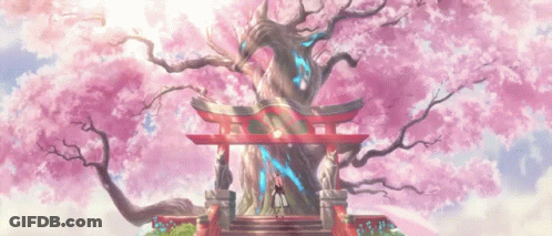 Girl Standing Before Cherry Blossom Tree And Torii Gate GIF