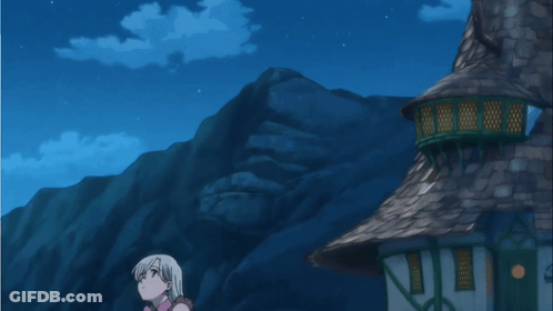 Girl Standing Before Mountain And Tower GIF