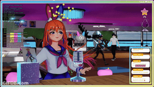 Girl Standing In Front Of Microphone With Purple Background GIF