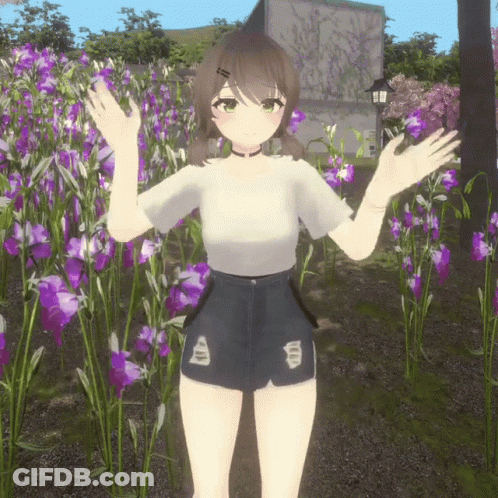 Girl Standing In Front Of Purple Flowers GIF