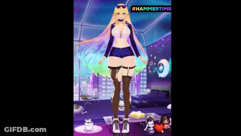 Girl Standing In Room With Hammertime Logo GIF