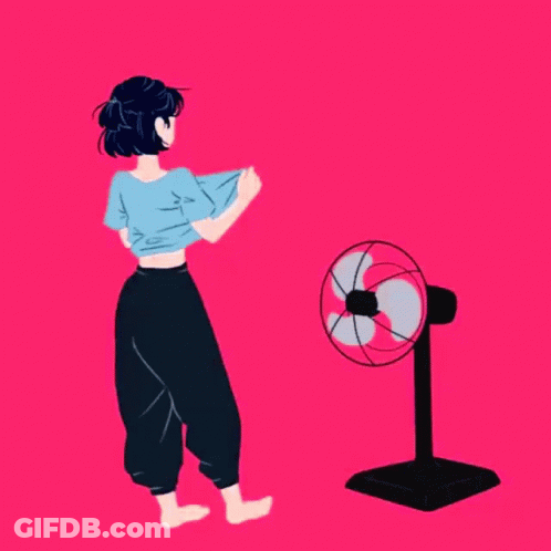Girl Standing Next To Fan On Pink GIF