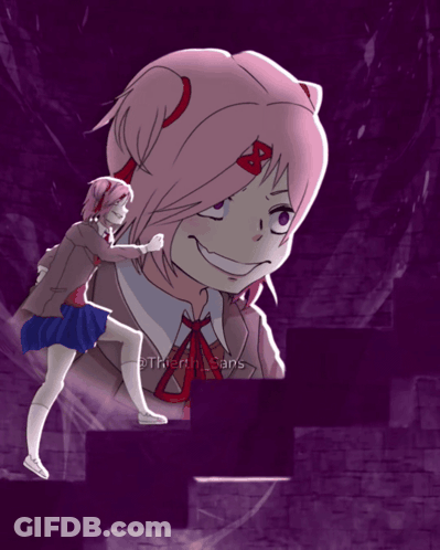 Girl Standing Next To Giant Girl Smiling Purple Background GIF
