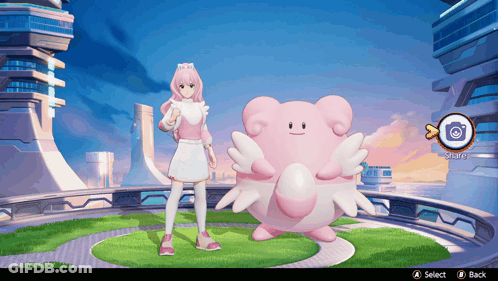 Girl Standing Next To Pink Bear GIF