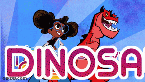 Girl Standing Next To Red Dinosaur GIF