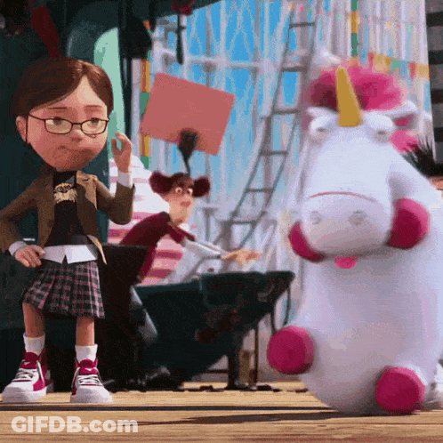 Girl Standing Next To Stuffed Unicorn GIF