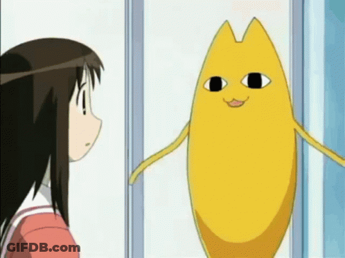 Girl Staring At Yellow Character With Black Eye GIF