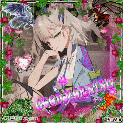 Girl Surrounded By Flowers And Dragons Saying Good Morning GIF