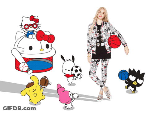 Girl Surrounded By Hello Kitty And Characters GIF