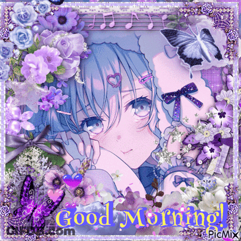 Girl Surrounded By Purple Flowers Saying Good Morning GIF