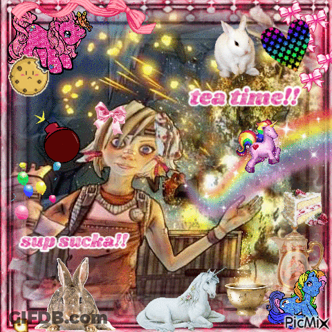 Girl Surrounded By Unicorns And Rabbits Saying Tea Time GIF