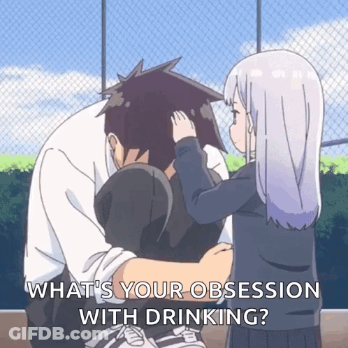 Girl Touching Man's Head With What's Your Obsession With Drinking GIF