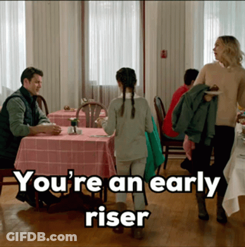 Girl Walking Toward Table With Early Riser GIF