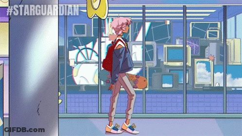 Girl Walking With Skateboard In Front Of Starguardian Window GIF