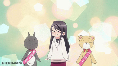 Girl Wearing Nishinomiya Sash Beside Teddy Bear And Penguin GIF
