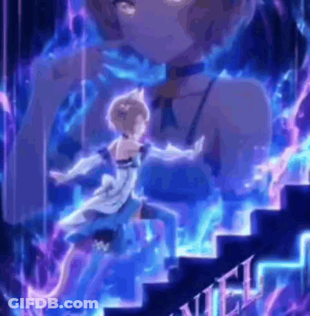 Girl White Dress Stairs Blue Purple Lights GIF