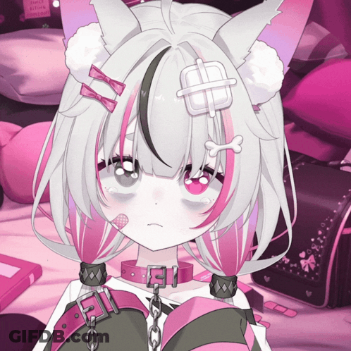 Girl White Hair Pink Highlights Bandage On Head GIF