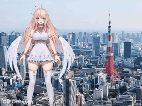 Girl With Angel Wings In Front Of City GIF