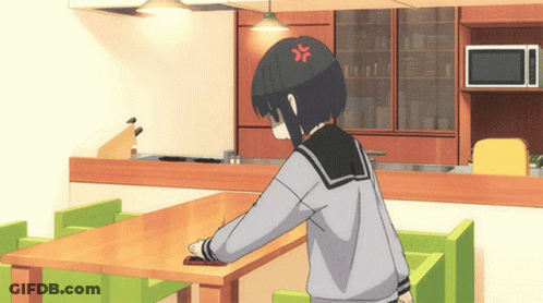 Girl With Angry Face On Head At Table GIF