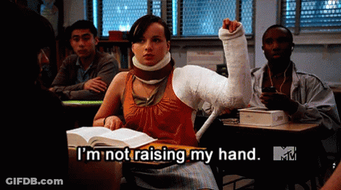 Girl With Arm Cast Says I'm Not Raising My Hand GIF