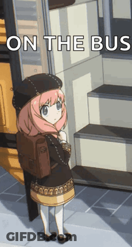 Girl With Backpack In Front Of Bus GIF