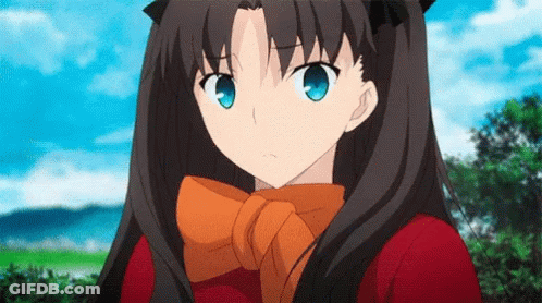 Girl With Black Hair And Blue Eyes In Red Shirt And Orange Scarf GIF