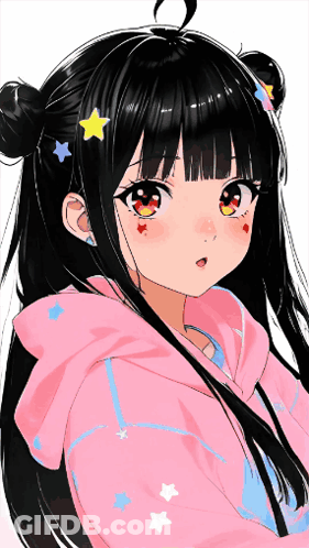 Girl With Black Hair And Pink Star Hoodie GIF
