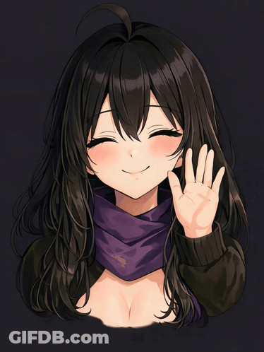 Girl With Black Hair And Purple Scarf Smiling And Waving GIF