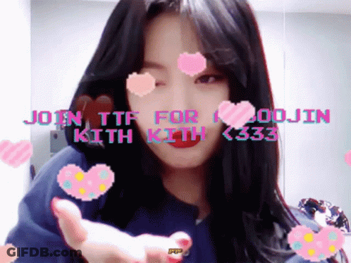 Girl With Black Hair Surrounded By Pink Hearts Saying Join TTF For Goodjin 333 GIF