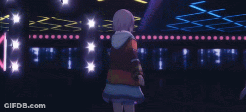 Girl With Blonde Hair And Red Eyes At Microphone GIF