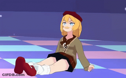 Girl With Blonde Hair And Red Hat Sitting On Checkered Floor GIF