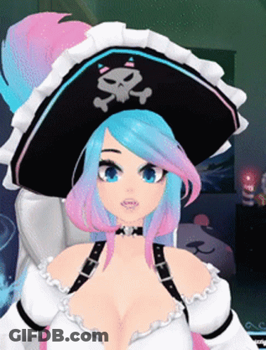 Girl With Blue And Pink Hair In Pirate Hat With Skull GIF