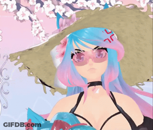 Girl With Blue And Pink Hair In Sunglasses And Flower Hat GIF
