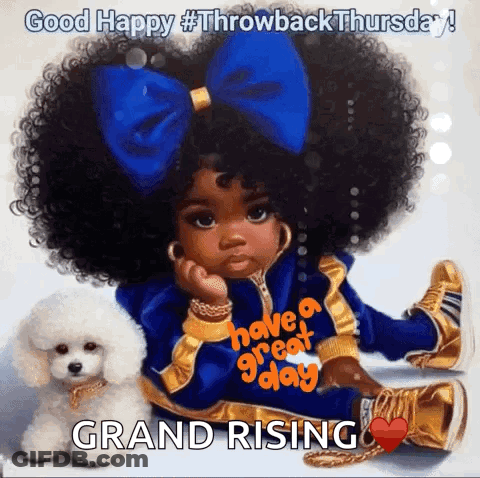 Girl With Blue Bow And White Poodle Saying Good Happy Grand Rising GIF