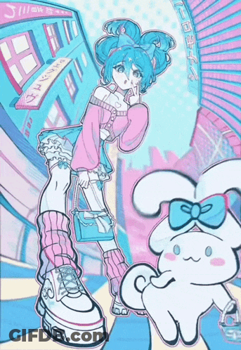 Girl With Blue Hair And Bunny With Bow GIF