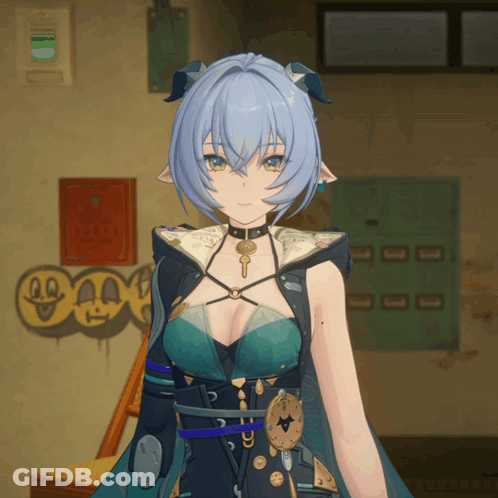 Girl With Blue Hair And Horns In Front Of Graffiti Wall GIF