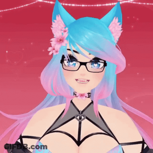 Girl With Blue Hair And Pink Ears Wearing Glasses And Choker GIF