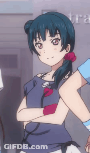Girl With Blue Hair And Red Eyes Arms Crossed In Front Of Sign Saying Tr GIF