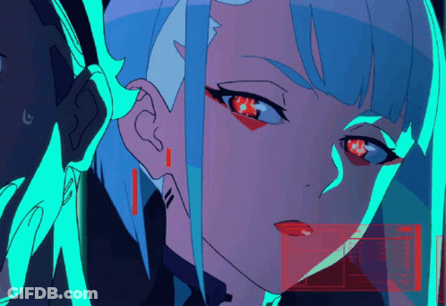 Girl With Blue Hair And Red Eyes Red Mouth Border GIF