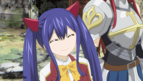 Girl With Blue Hair And Red Horns Next To Man In Armor GIF