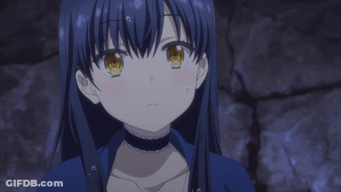 Girl With Blue Hair And Yellow Eyes Covering Mouth GIF