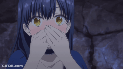 Girl With Blue Hair And Yellow Eyes Covering Mouth GIF