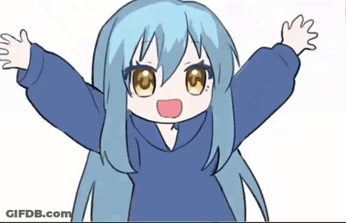 Girl With Blue Hair And Yellow Eyes Raising Arms GIF