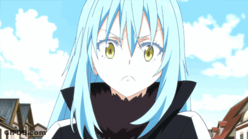 Girl With Blue Hair And Yellow Eyes Standing In Front Of Houses GIF