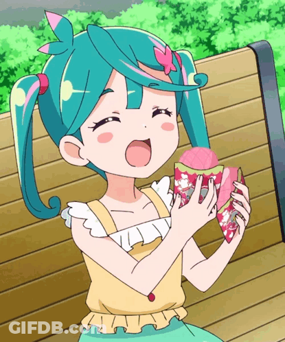 Girl With Blue Hair Eating Pink Item GIF