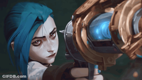 Girl With Blue Hair Holding Large Gun GIF
