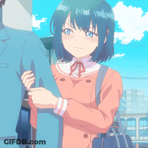 Girl With Blue Hair Holding Man's Shirt GIF